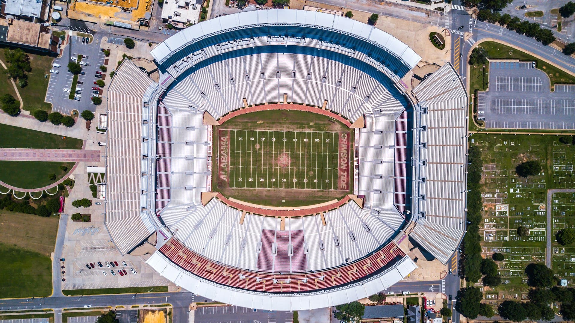 Aerial view of a college football stadium